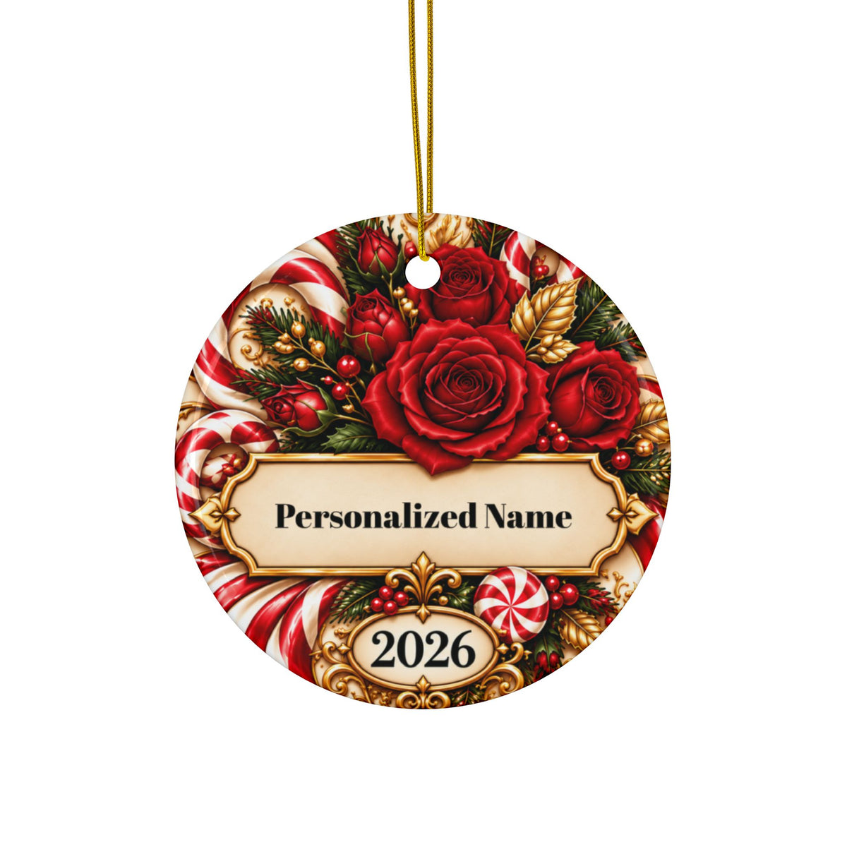 Festive Candy Cane Rose Personalized Christmas Ornament - Double-Sided Ceramic Keepsake