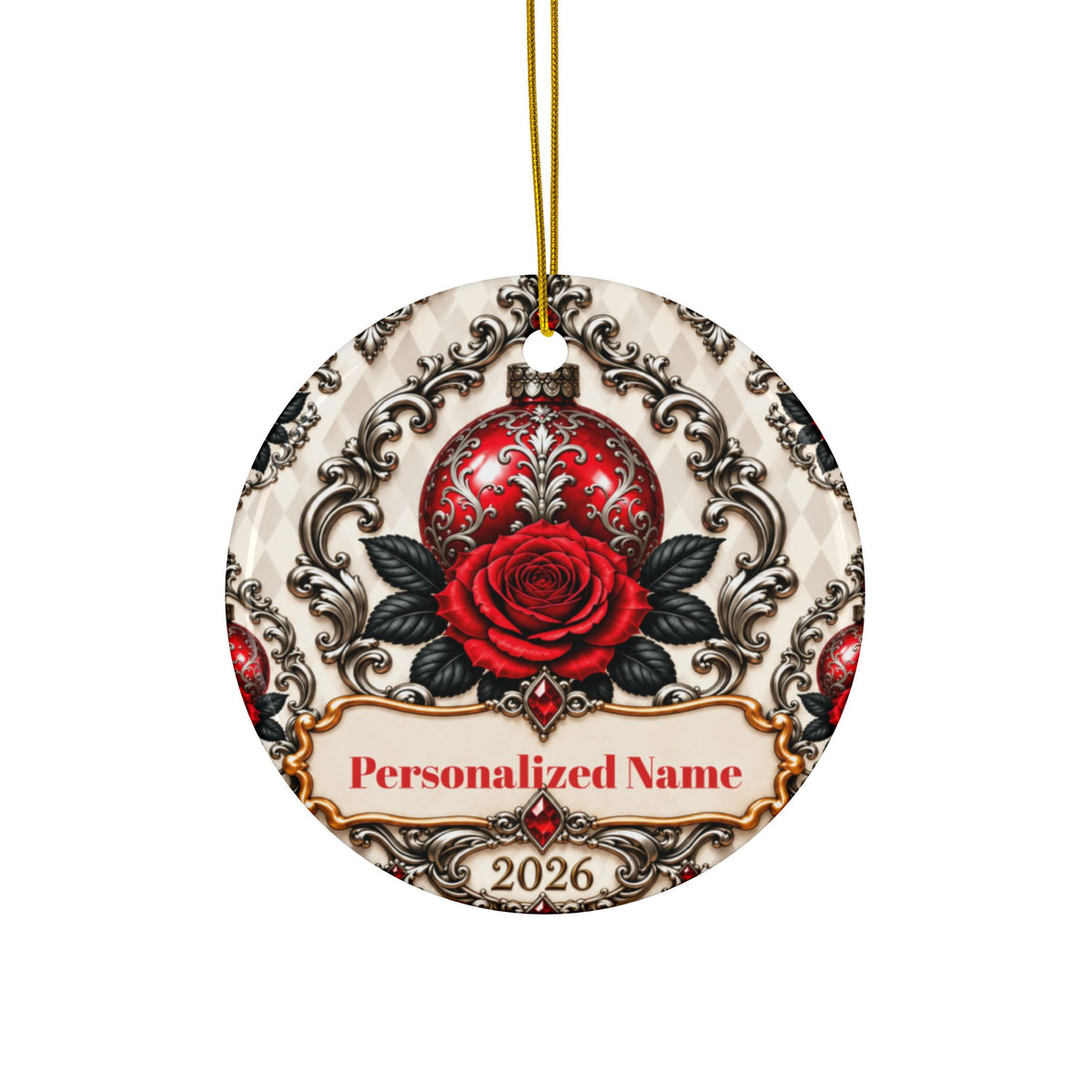 Red Rose Vintage Personalized Christmas Ornament - Double-Sided Ceramic Keepsake
