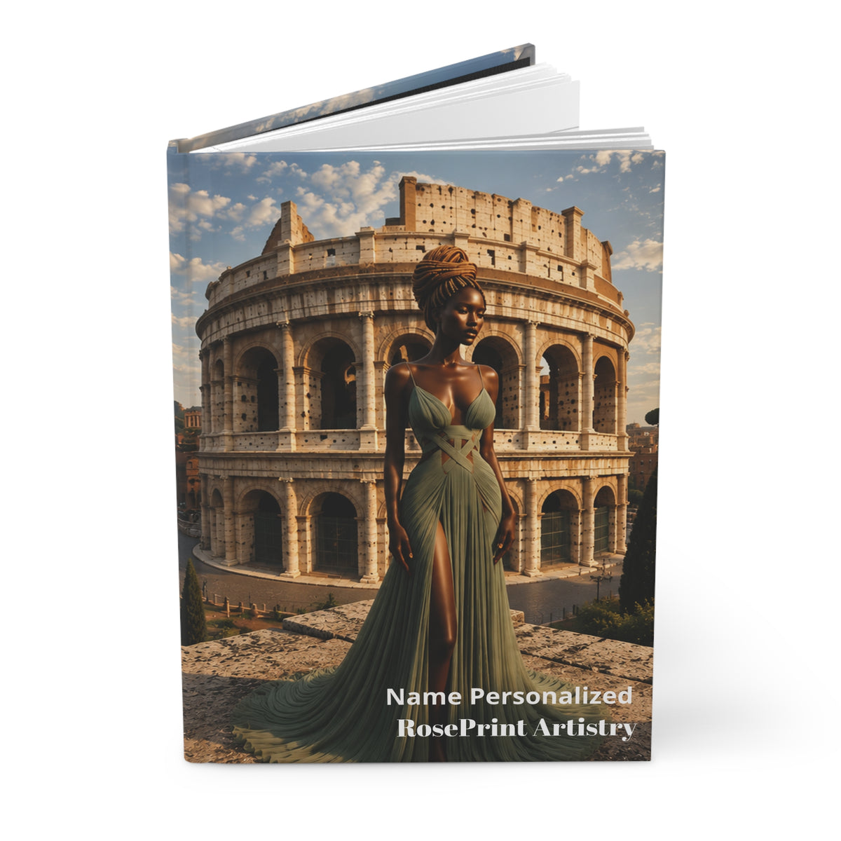 Black Woman Hardcover Journal | Noir - Golden Colosseum II | Custom Name Lined Notebook, Elegant Gift for Her