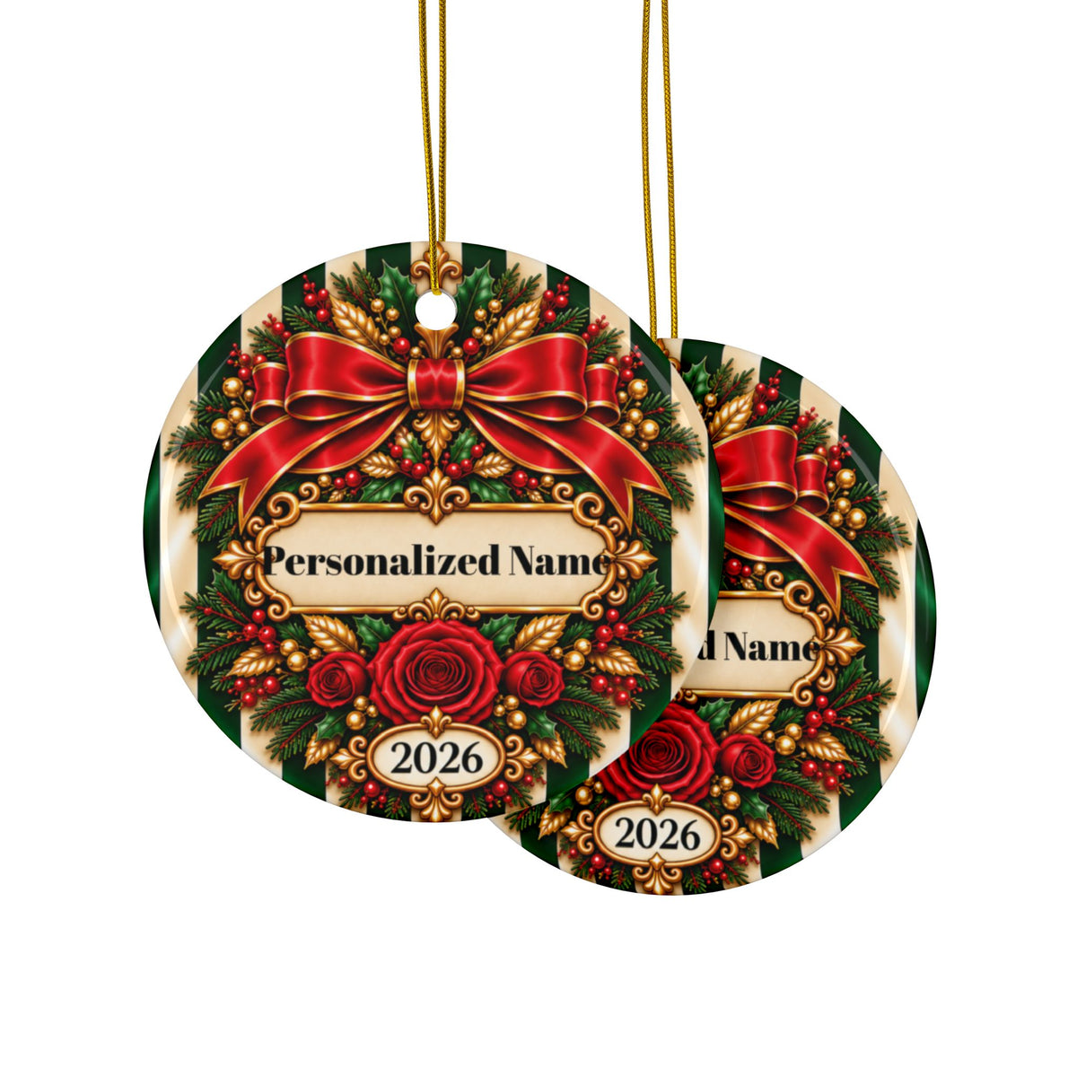 Festive Candy Cane - Green Personalized Christmas Ornament - Double-Sided Ceramic Keepsake