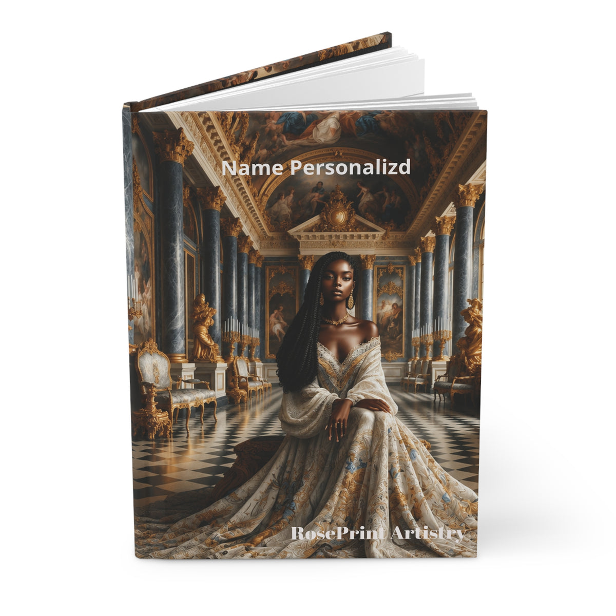 Personalized Black Woman Hardcover Journal | Noir Versailles IV | Custom Name Lined Notebook, Elegant Gift for Her