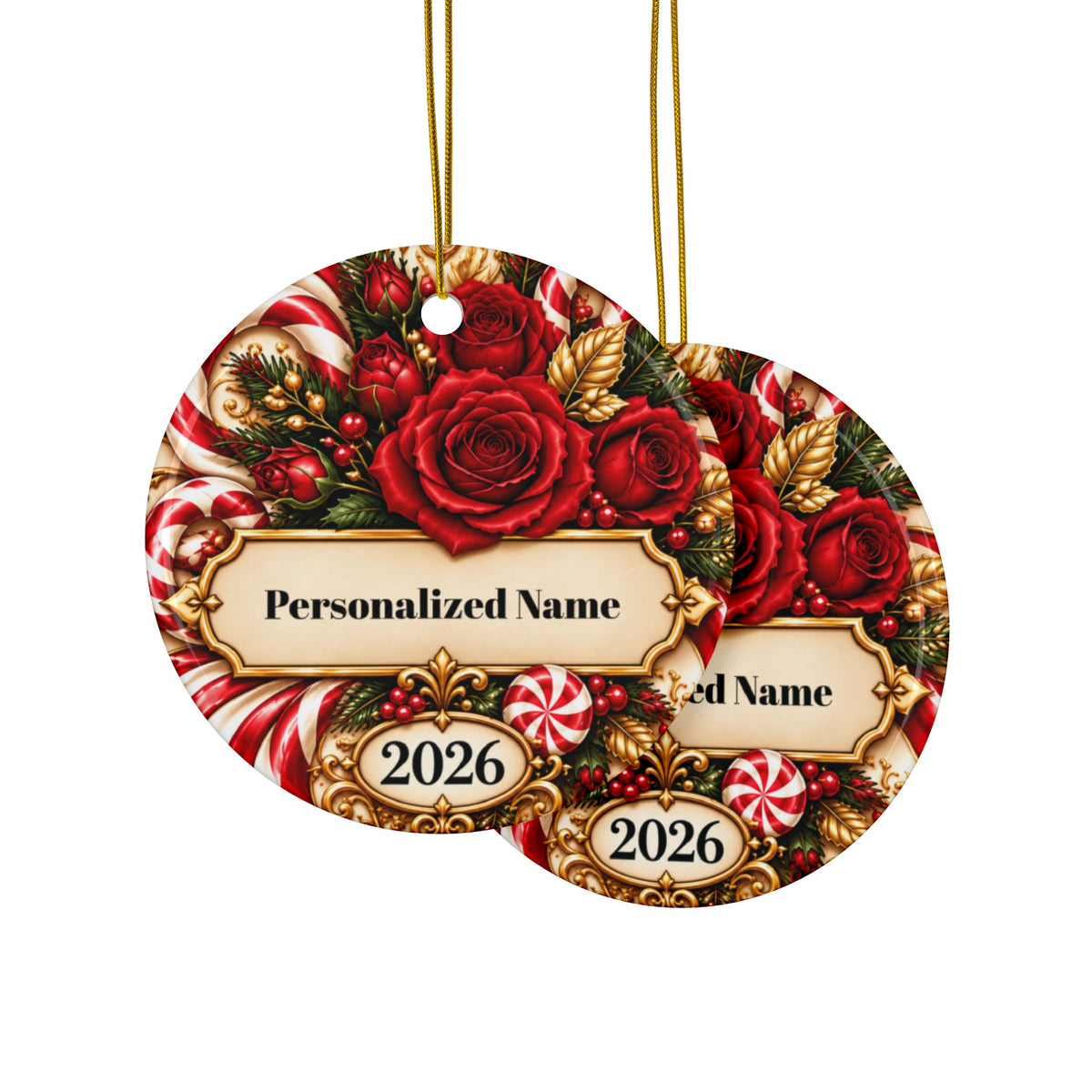 Festive Candy Cane Rose Personalized Christmas Ornament - Double-Sided Ceramic Keepsake