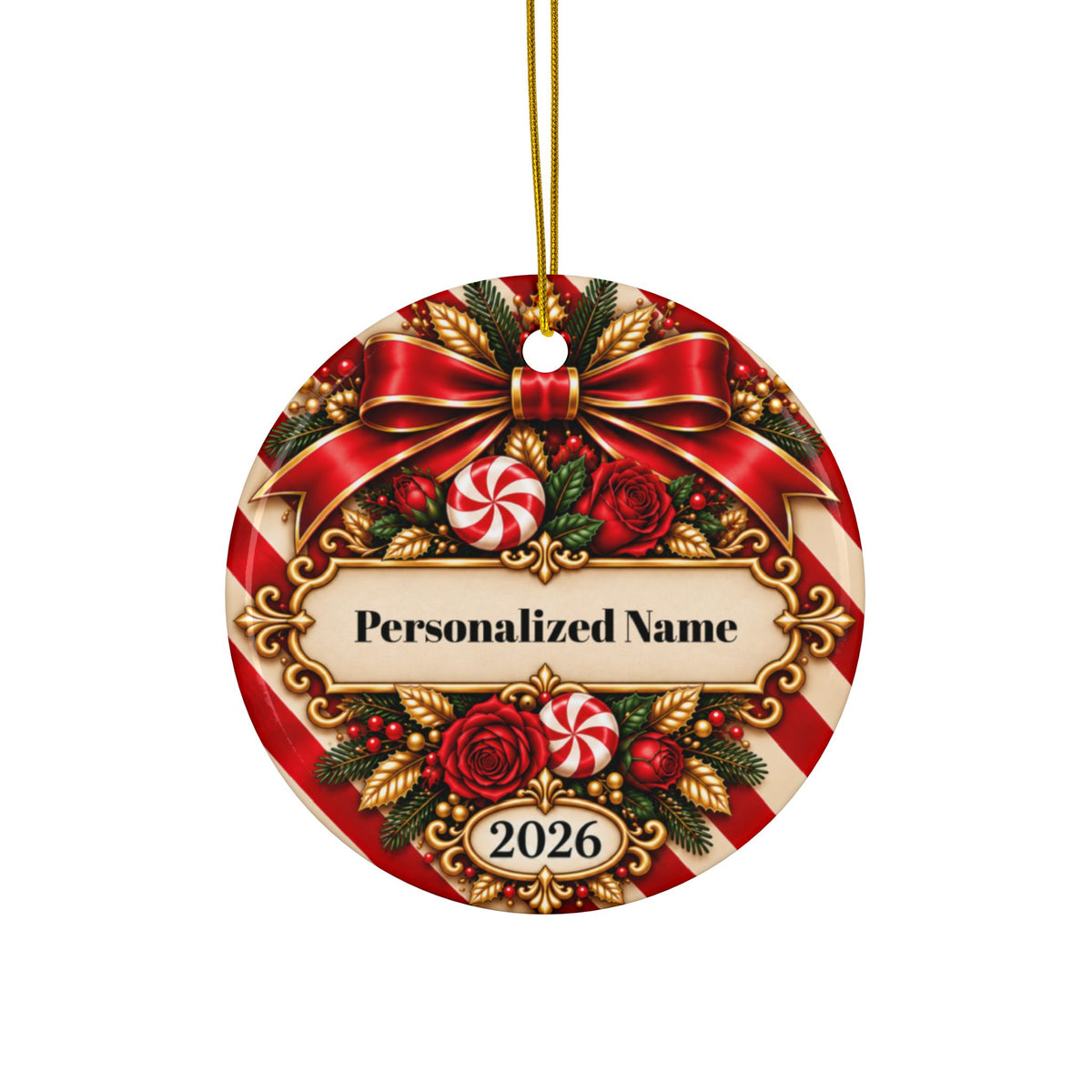 Festive Candy Cane Personalized Christmas Ornament - Double-Sided Ceramic Keepsake