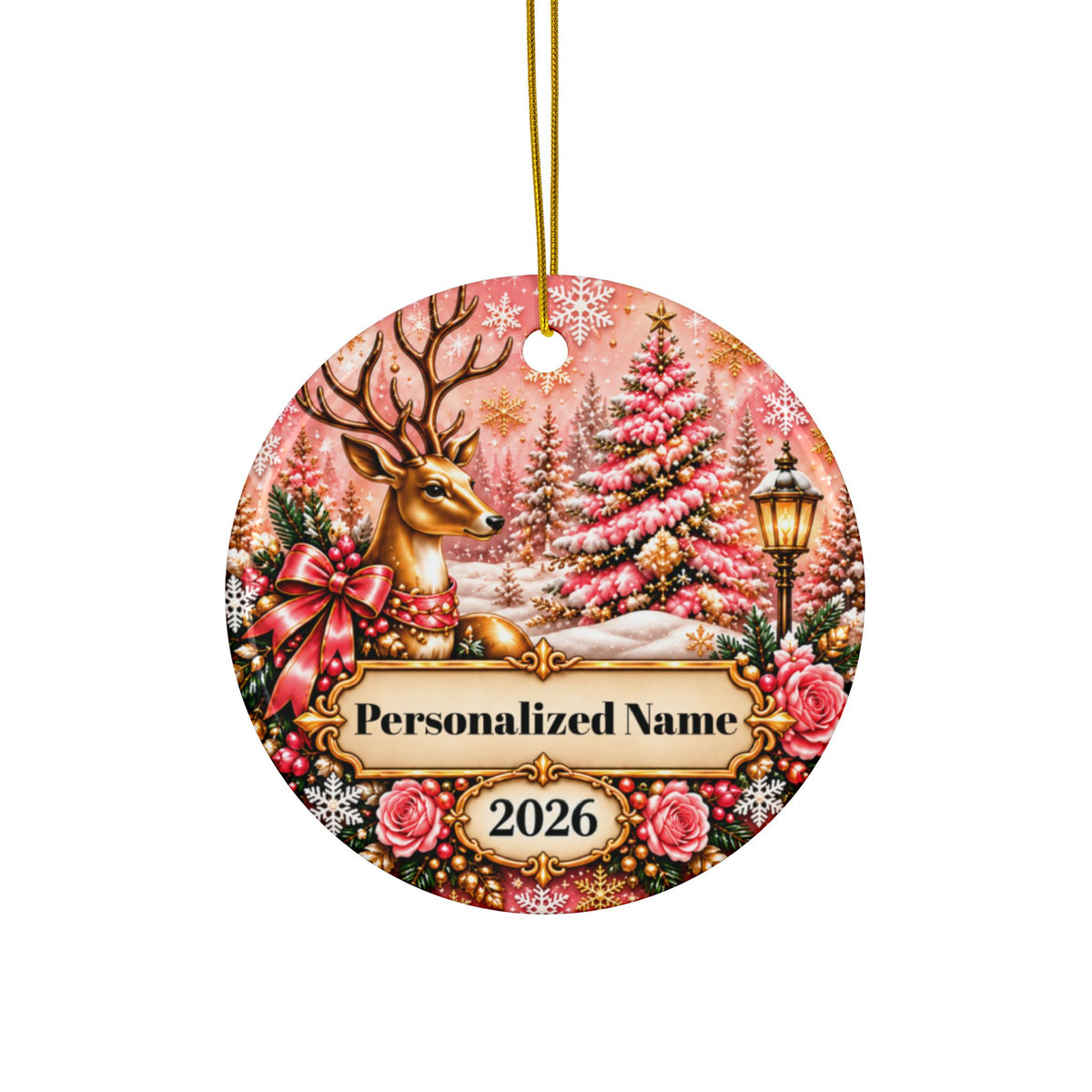 Pink Wonderland Personalized Christmas Ornament - Double-Sided Ceramic Keepsake