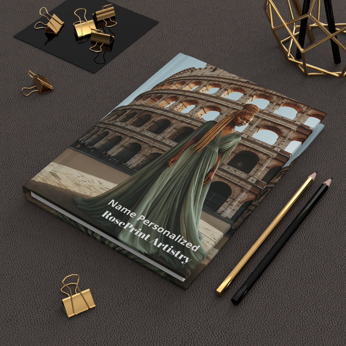 Black Woman Hardcover Journal | Noir - Golden Colosseum I | Custom Name Lined Notebook, Elegant Gift for Her