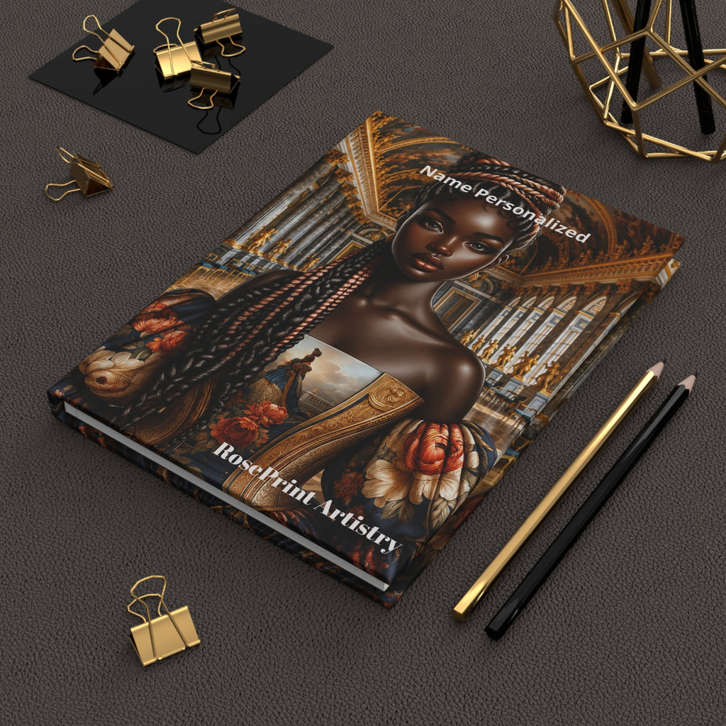 Personalized Black Woman Hardcover Journal | Noir Versailles Glow | Custom Name Lined Notebook, Elegant Gift for Her