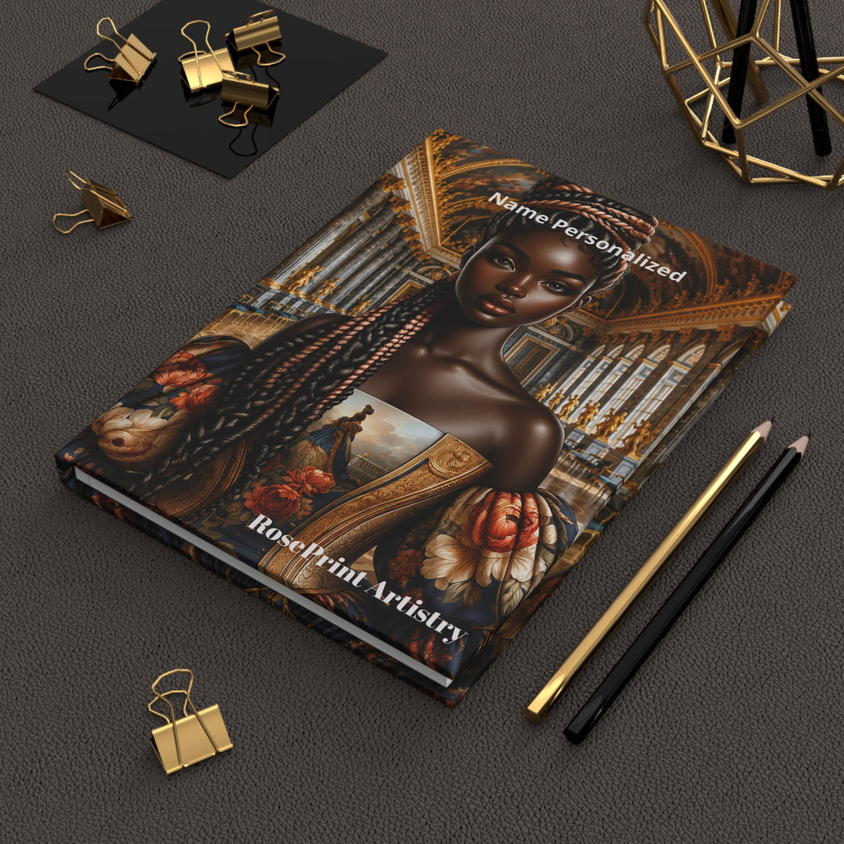 Personalized Black Woman Hardcover Journal | Noir Versailles Glow | Custom Name Lined Notebook, Elegant Gift for Her