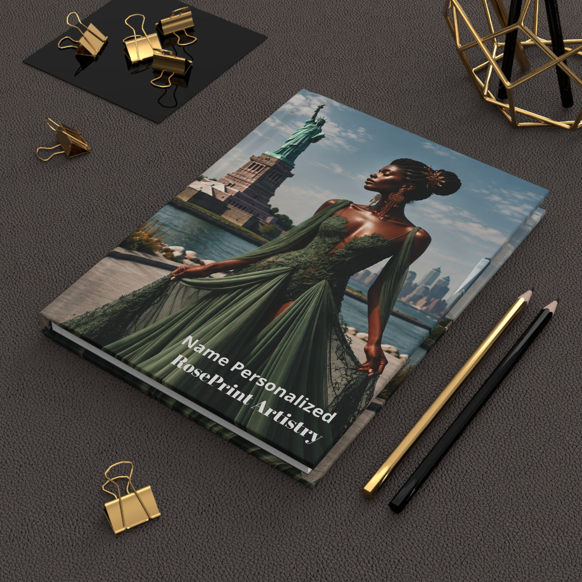 Personalized Black Woman Hardcover Journal | Noir Liberty I | Custom Name Lined Notebook, Elegant Gift for Her