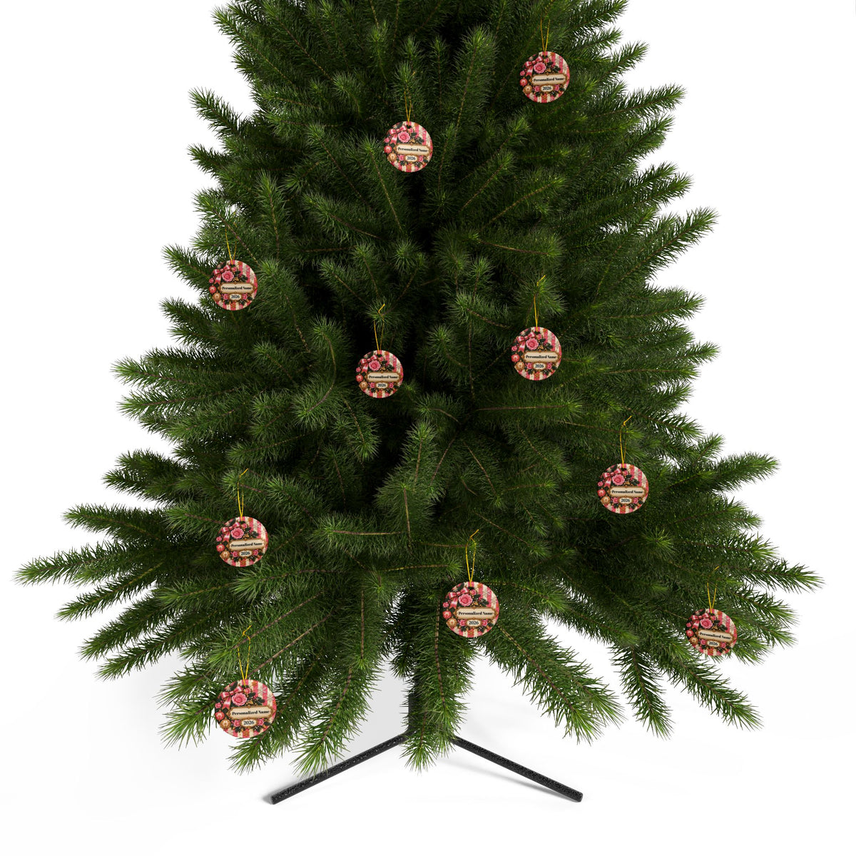 Pink Stripe Christmas Personalized Christmas Ornament - Double-Sided Ceramic Keepsake