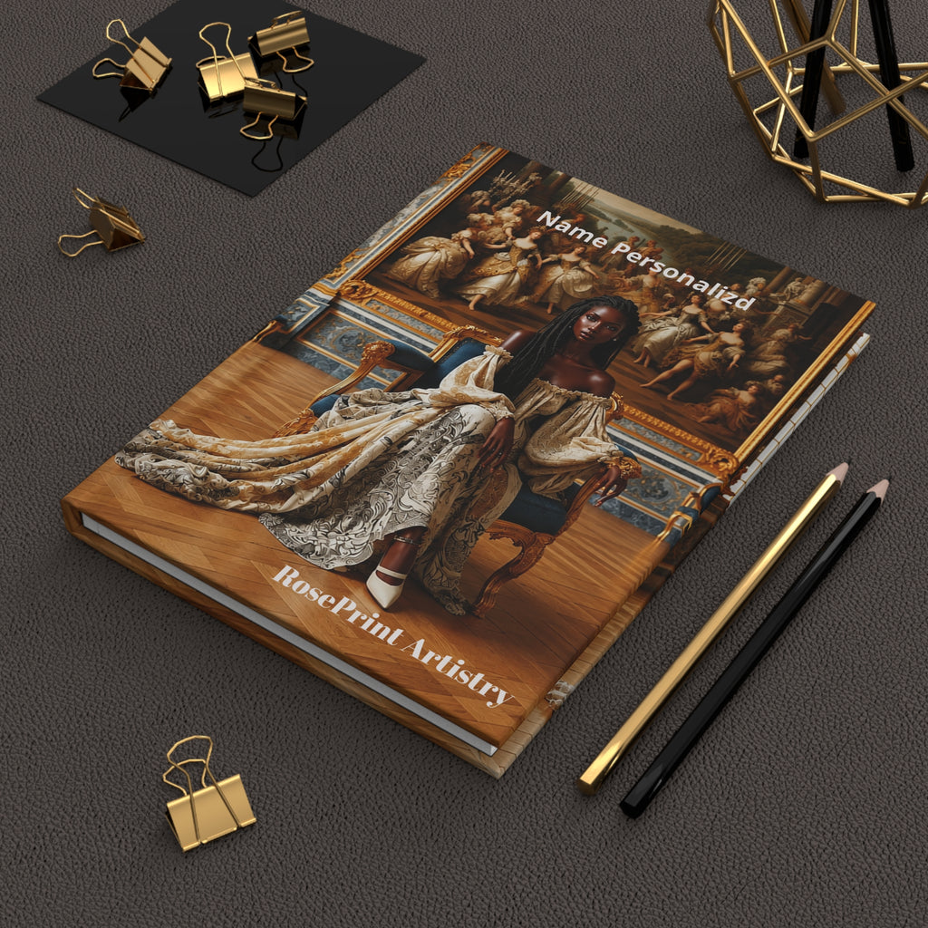 Personalized Black Woman Hardcover Journal | Noir Versailles I | Custom Name Lined Notebook, Elegant Gift for Her