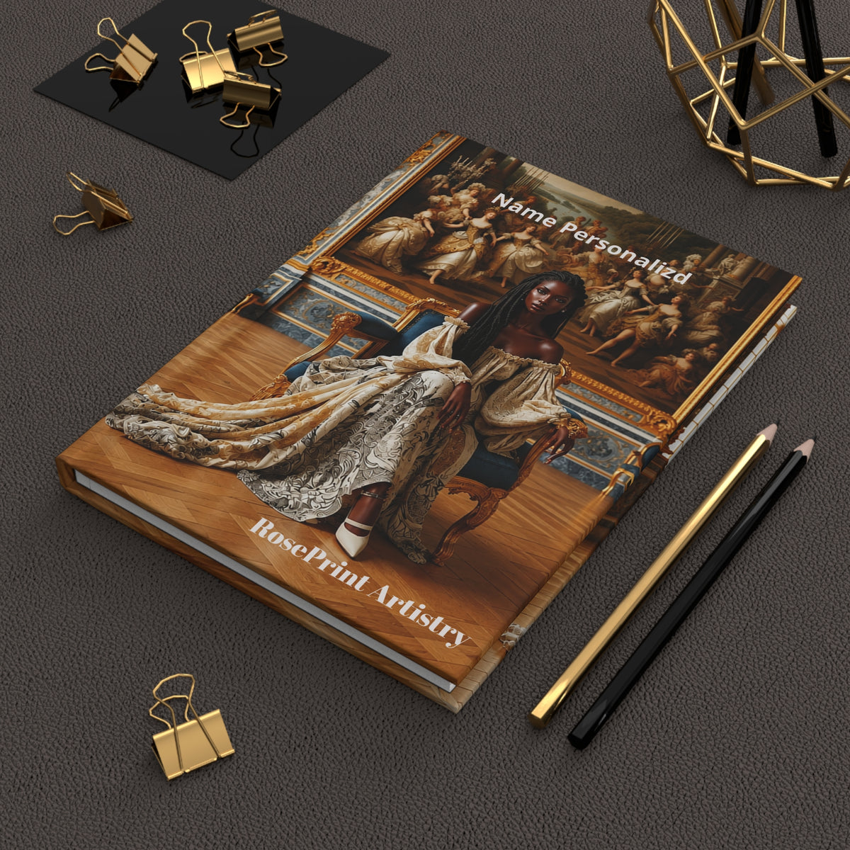 Personalized Black Woman Hardcover Journal | Noir Versailles I | Custom Name Lined Notebook, Elegant Gift for Her