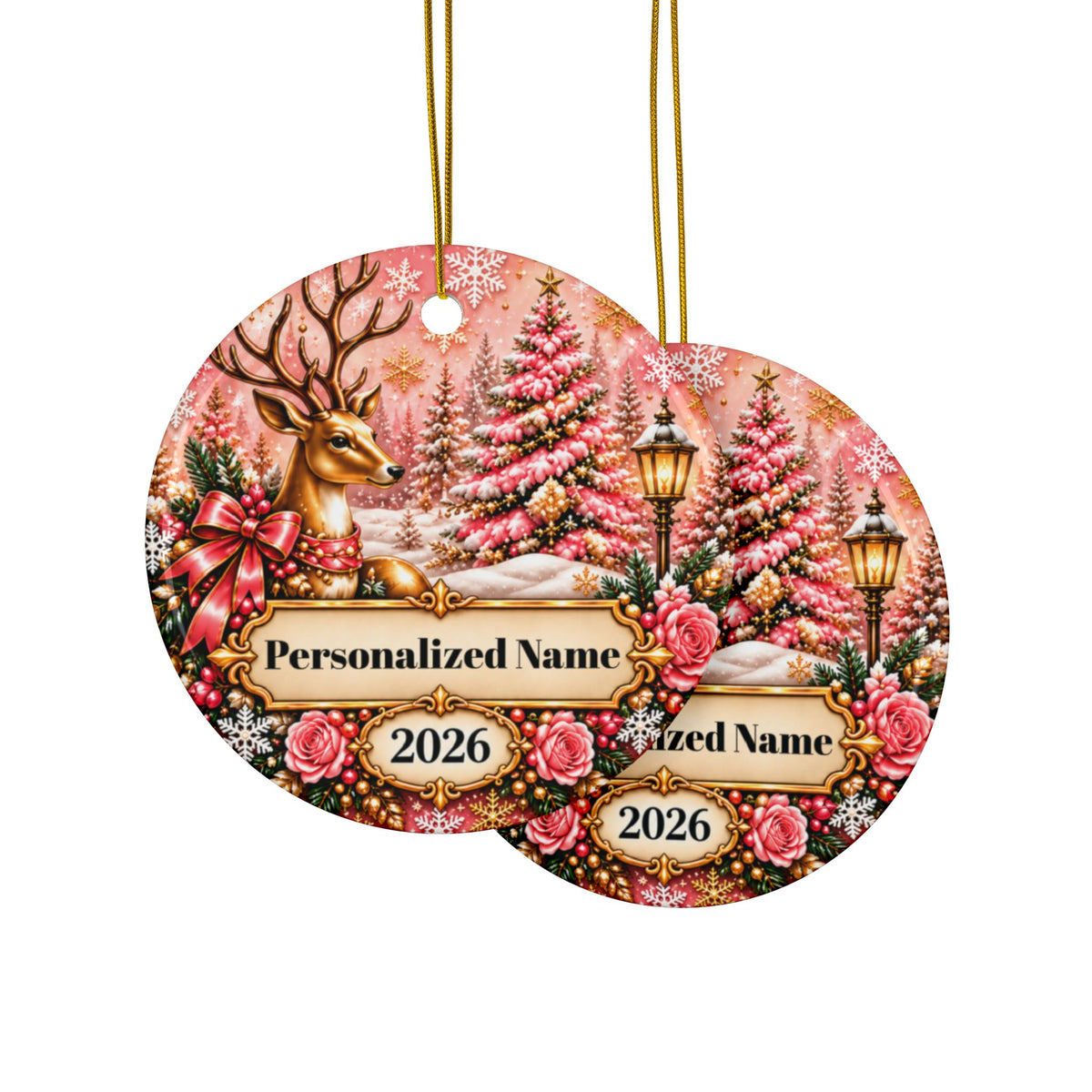 Pink Wonderland Personalized Christmas Ornament - Double-Sided Ceramic Keepsake