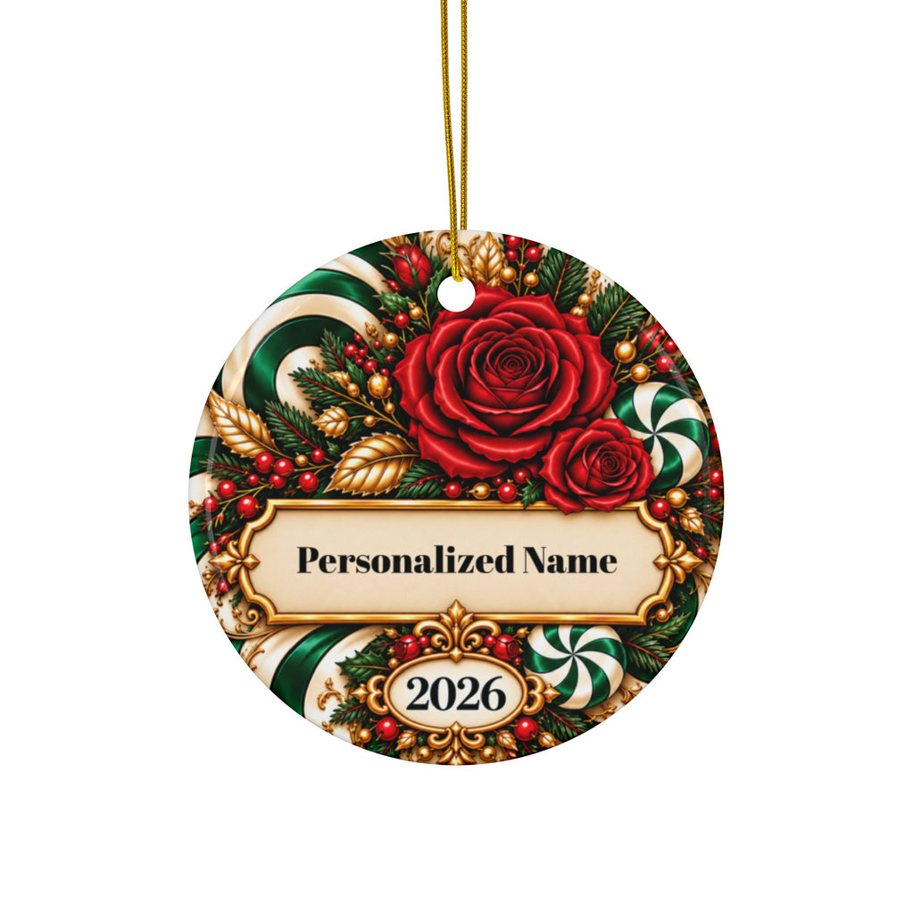 Candy Cane Rose - Green Personalized Christmas Ornament - Double-Sided Ceramic Keepsake