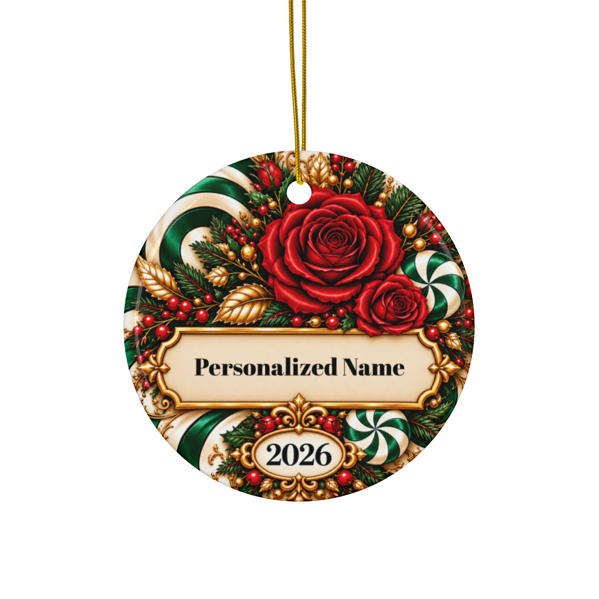 Candy Cane Rose - Green Personalized Christmas Ornament - Double-Sided Ceramic Keepsake