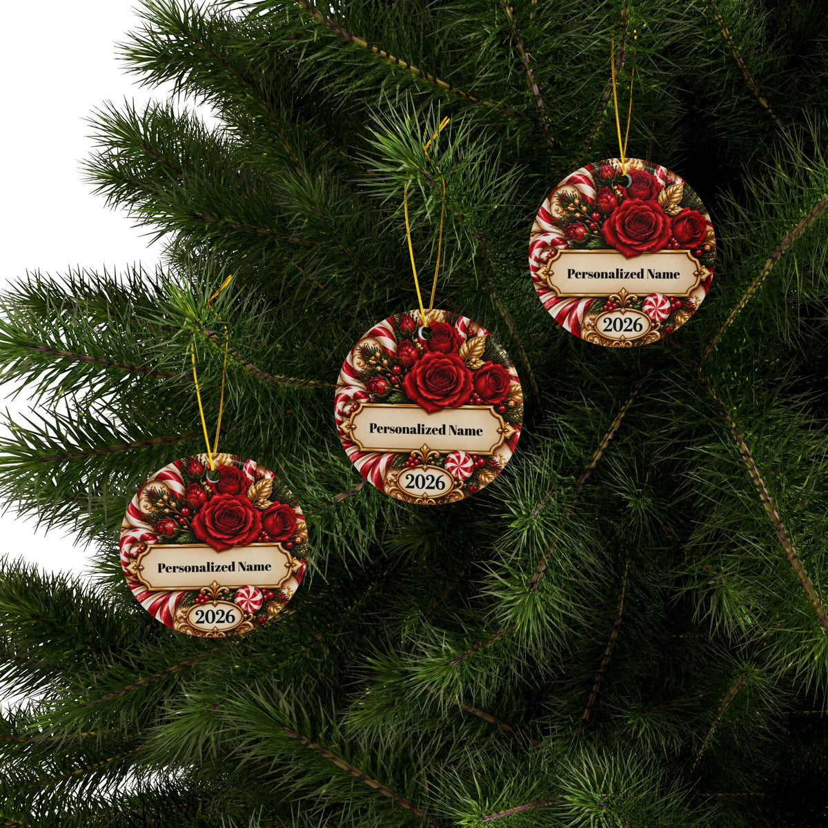 Festive Candy Cane Rose Personalized Christmas Ornament - Double-Sided Ceramic Keepsake