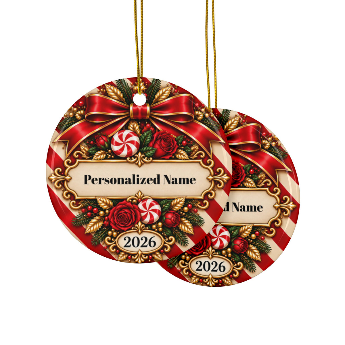 Festive Candy Cane Personalized Christmas Ornament - Double-Sided Ceramic Keepsake