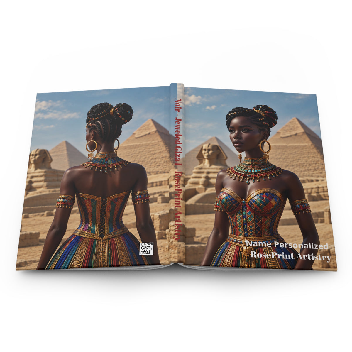 Personalized Black Woman Hardcover Journal | Noir - Jeweled Giza I | Custom Name Lined Notebook, Elegant Gift for Her