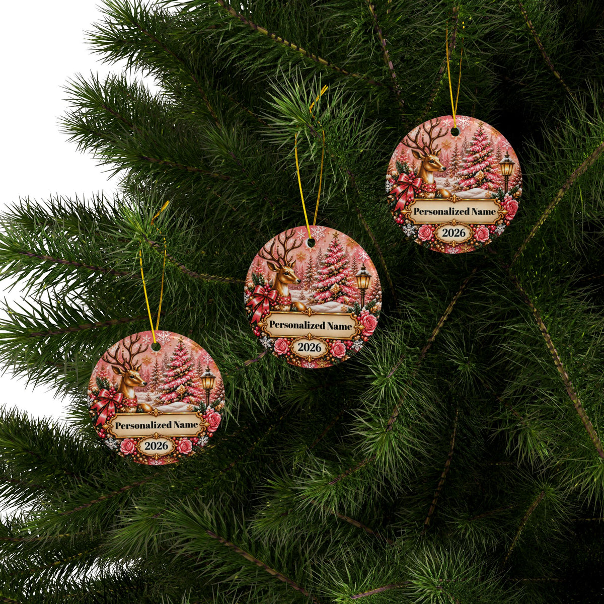 Pink Wonderland Personalized Christmas Ornament - Double-Sided Ceramic Keepsake