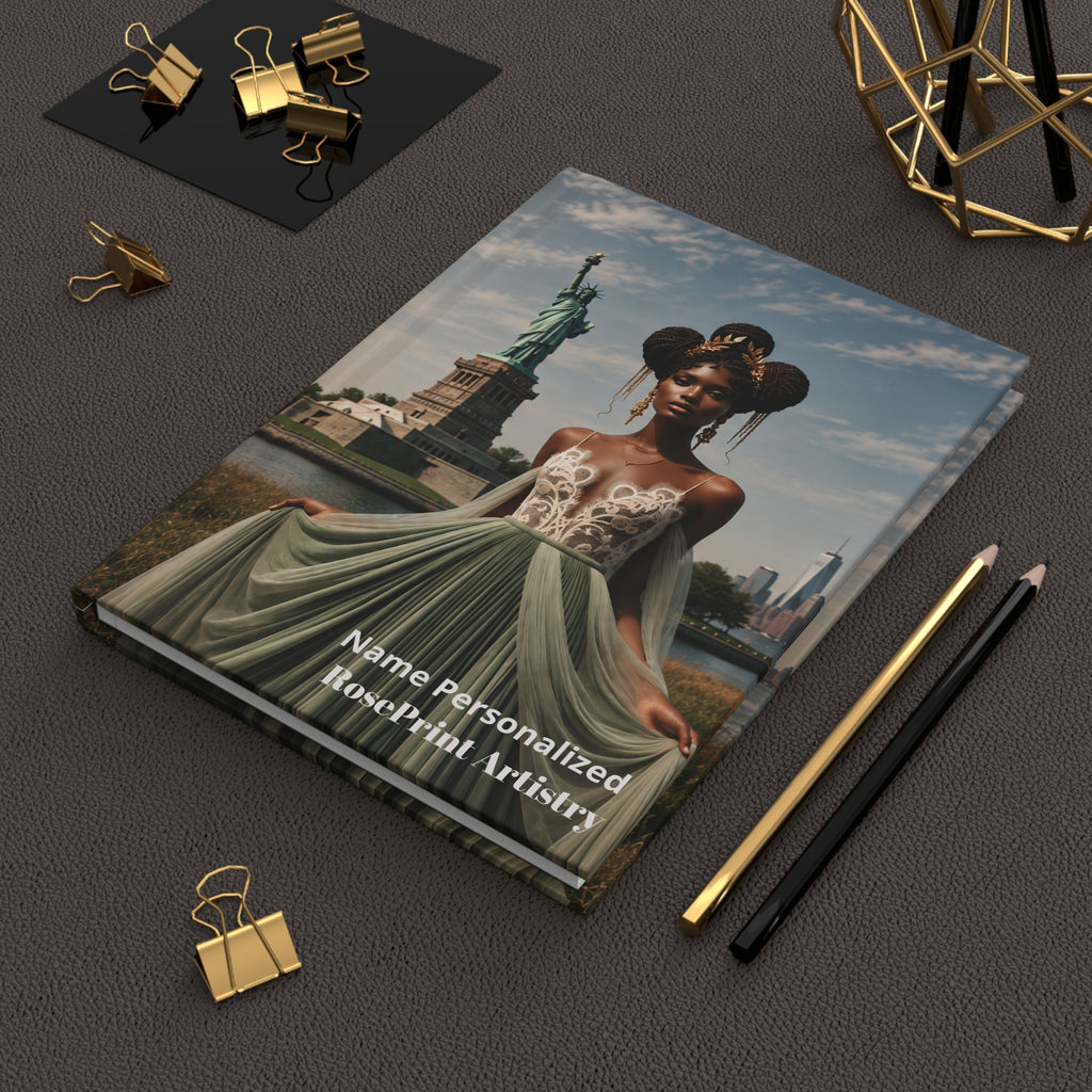 Personalized Black Woman Hardcover Journal | Noir Liberty IV | Custom Name Lined Notebook, Elegant Gift for Her