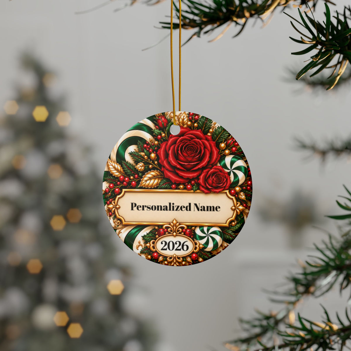 Candy Cane Rose - Green Personalized Christmas Ornament - Double-Sided Ceramic Keepsake