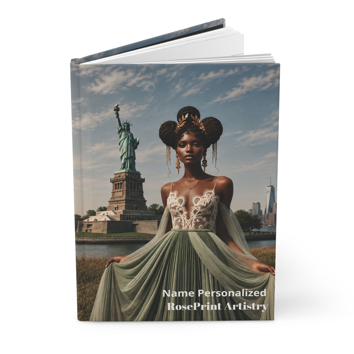 Personalized Black Woman Hardcover Journal | Noir Liberty IV | Custom Name Lined Notebook, Elegant Gift for Her
