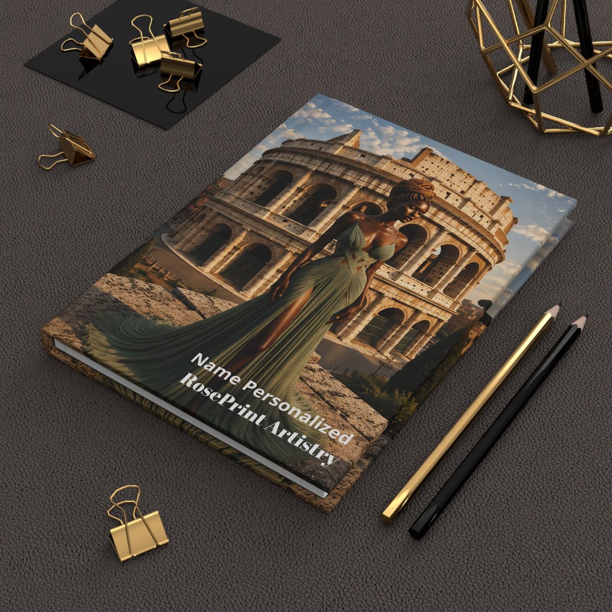 Black Woman Hardcover Journal | Noir - Golden Colosseum II | Custom Name Lined Notebook, Elegant Gift for Her