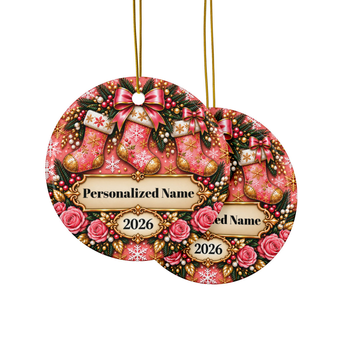 Pink Rose Stockings Personalized Christmas Ornament - Double-Sided Ceramic Keepsake