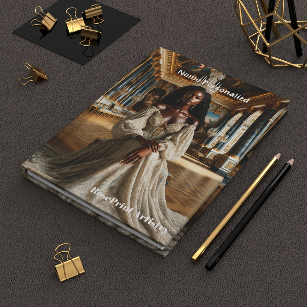 Personalized Black Woman Hardcover Journal | Noir Versailles III | Custom Name Lined Notebook, Elegant Gift for Her