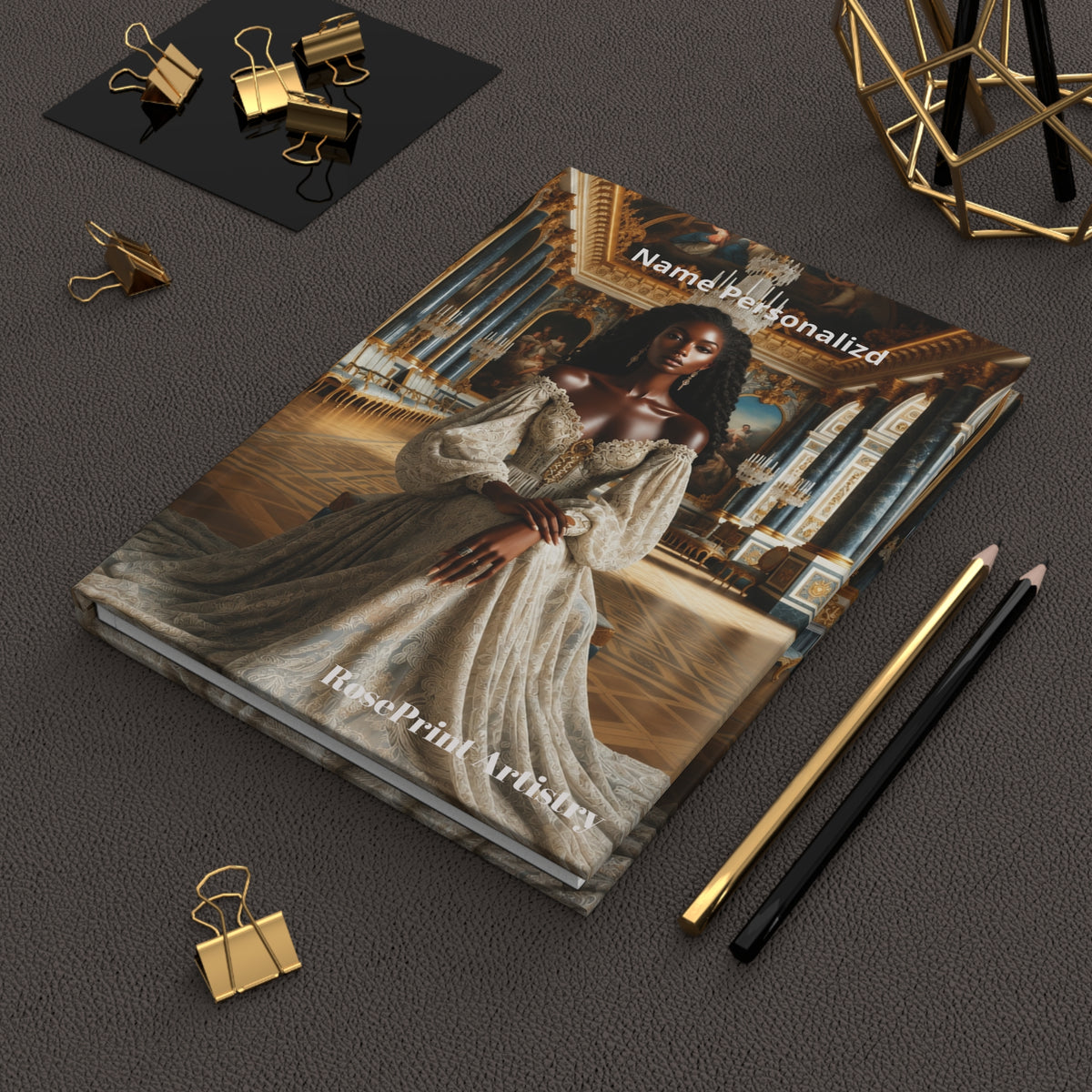 Personalized Black Woman Hardcover Journal | Noir Versailles III | Custom Name Lined Notebook, Elegant Gift for Her
