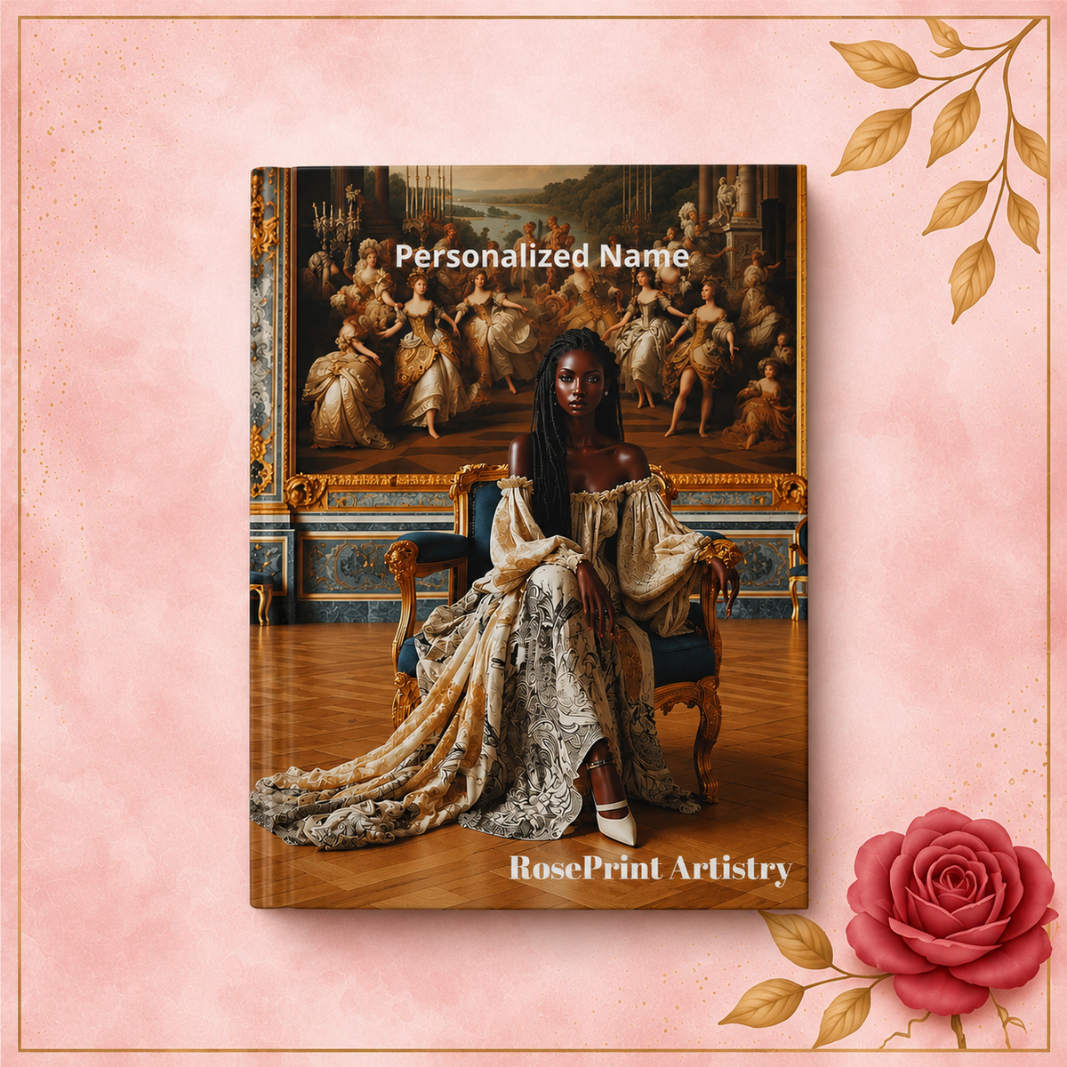 Personalized Black Woman Hardcover Journal | Noir Versailles I | Custom Name Lined Notebook, Elegant Gift for Her