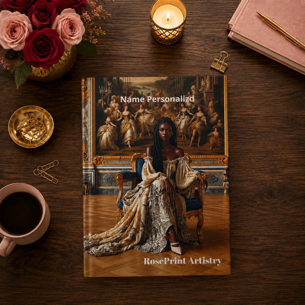 Personalized Black Woman Hardcover Journal | Noir Versailles I | Custom Name Lined Notebook, Elegant Gift for Her