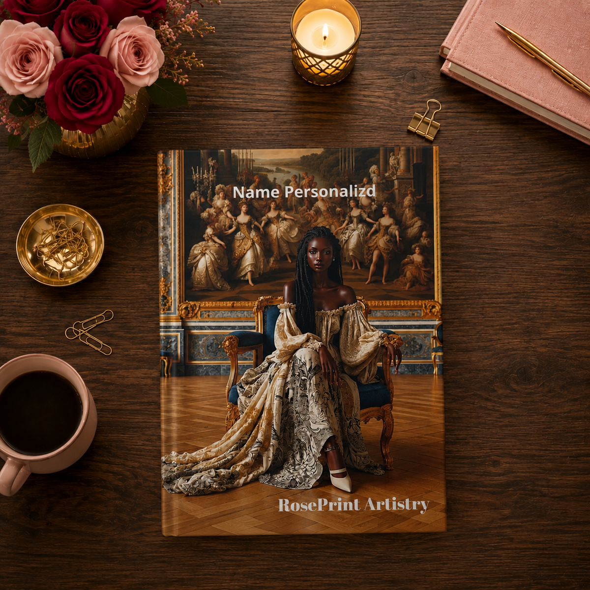Personalized Black Woman Hardcover Journal | Noir Versailles I | Custom Name Lined Notebook, Elegant Gift for Her