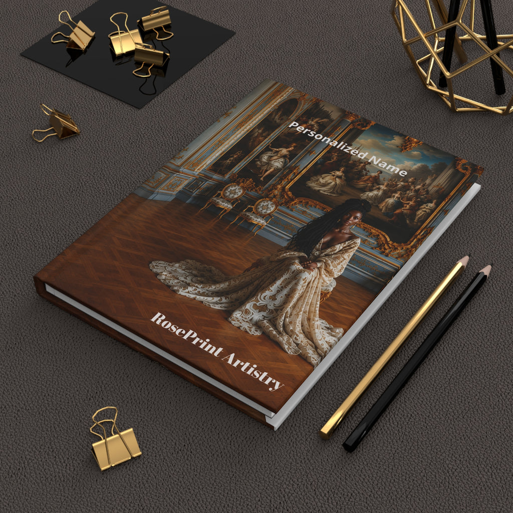 Personalized Black Woman Hardcover Journal | Noir Versailles II | Custom Name Lined Notebook, Elegant Gift for Her