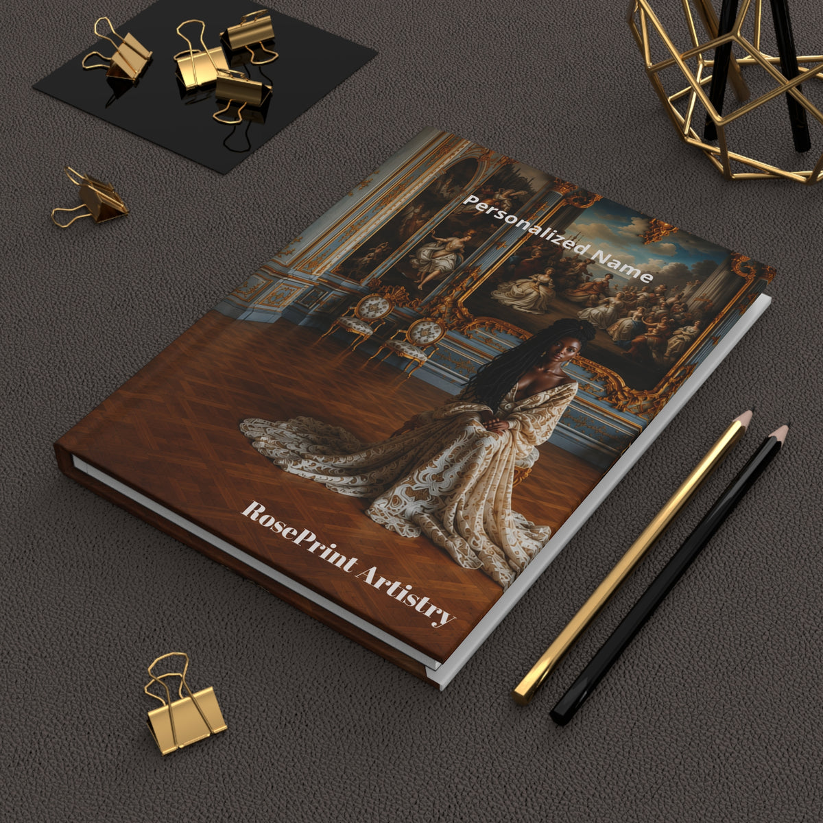 Personalized Black Woman Hardcover Journal | Noir Versailles II | Custom Name Lined Notebook, Elegant Gift for Her