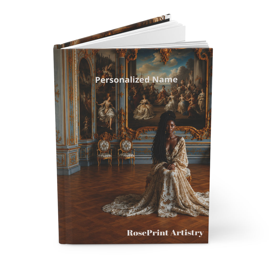 Personalized Black Woman Hardcover Journal | Noir Versailles II | Custom Name Lined Notebook, Elegant Gift for Her