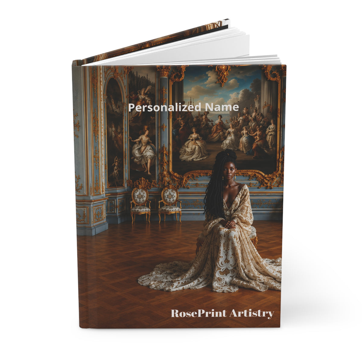 Personalized Black Woman Hardcover Journal | Noir Versailles II | Custom Name Lined Notebook, Elegant Gift for Her