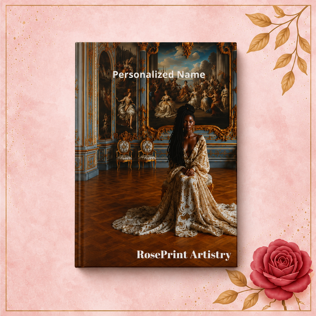 Personalized Black Woman Hardcover Journal | Noir Versailles II | Custom Name Lined Notebook, Elegant Gift for Her