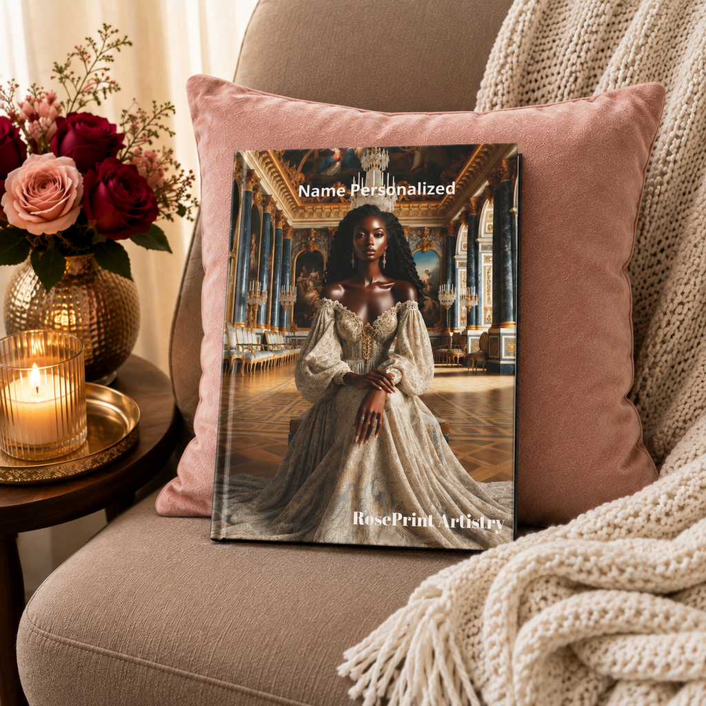 Personalized Black Woman Hardcover Journal | Noir Versailles III | Custom Name Lined Notebook, Elegant Gift for Her