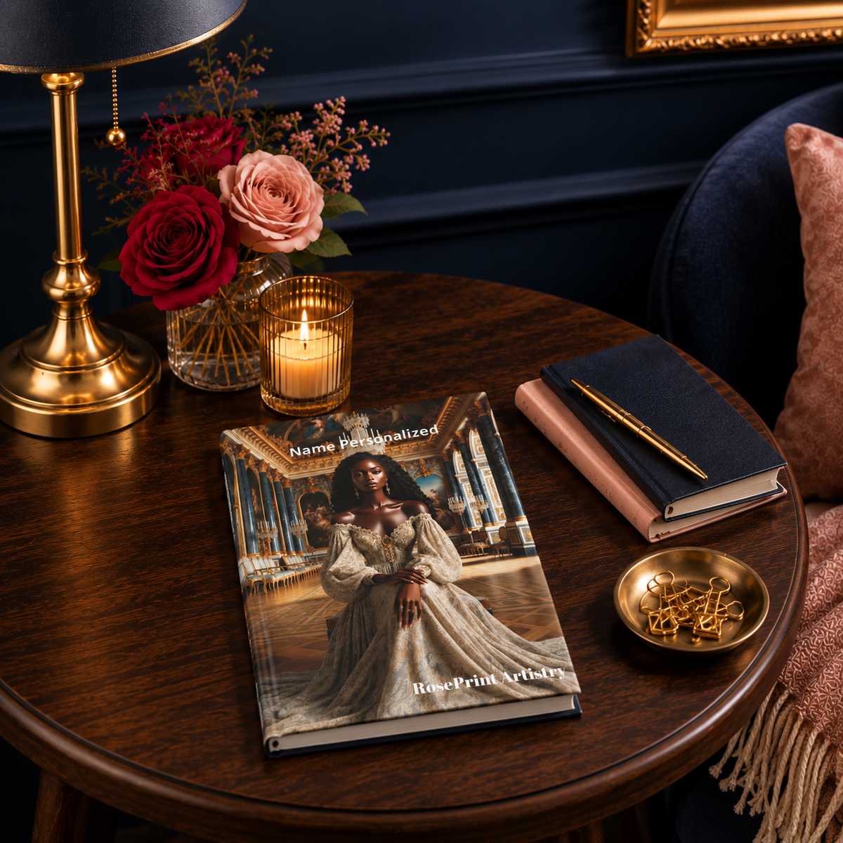 Personalized Black Woman Hardcover Journal | Noir Versailles III | Custom Name Lined Notebook, Elegant Gift for Her
