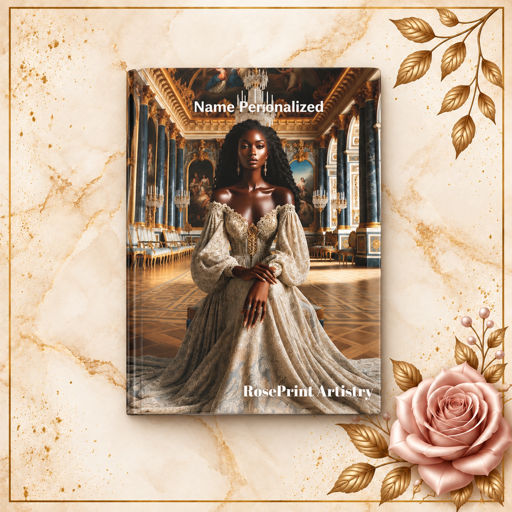 Personalized Black Woman Hardcover Journal | Noir Versailles III | Custom Name Lined Notebook, Elegant Gift for Her