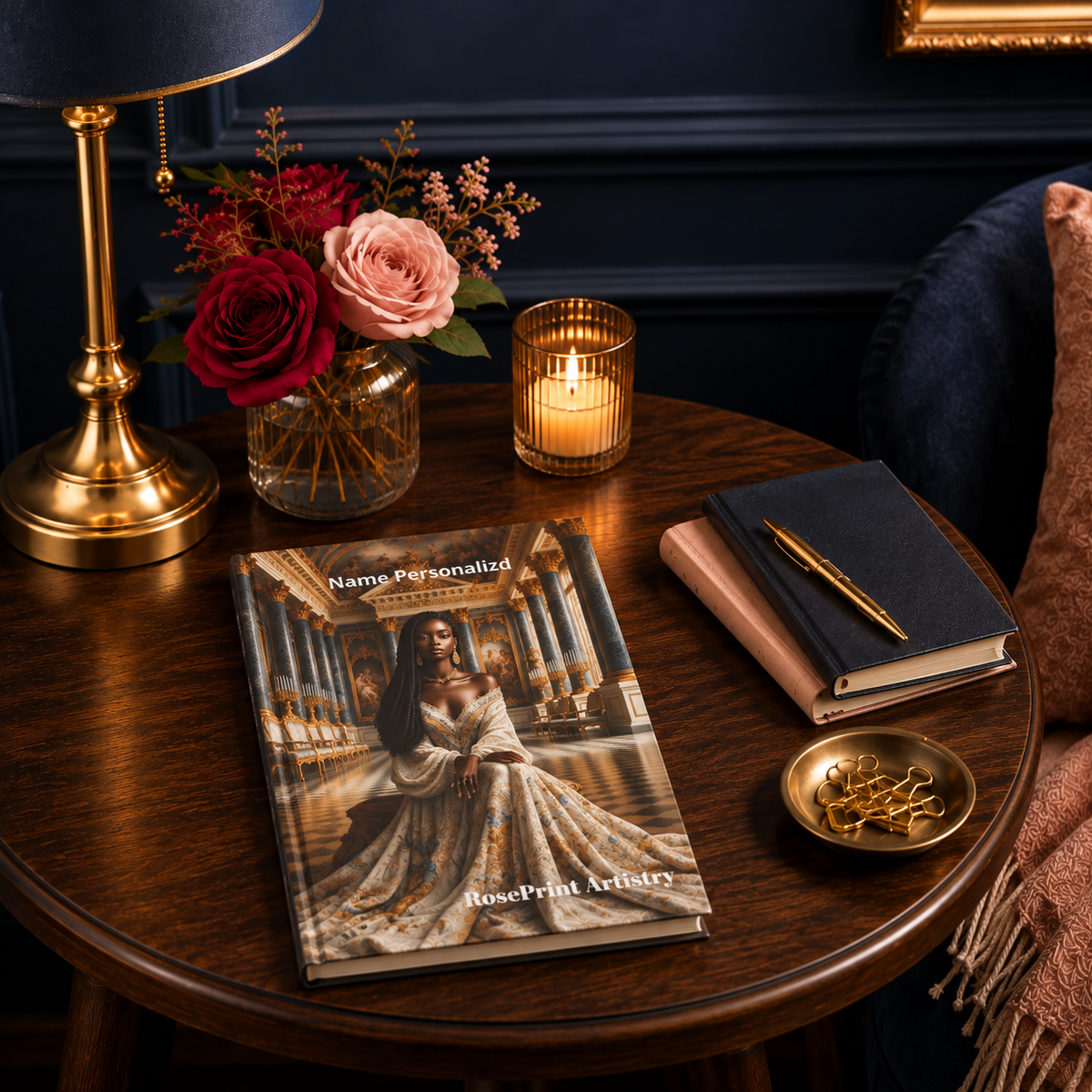 Personalized Black Woman Hardcover Journal | Noir Versailles IV | Custom Name Lined Notebook, Elegant Gift for Her