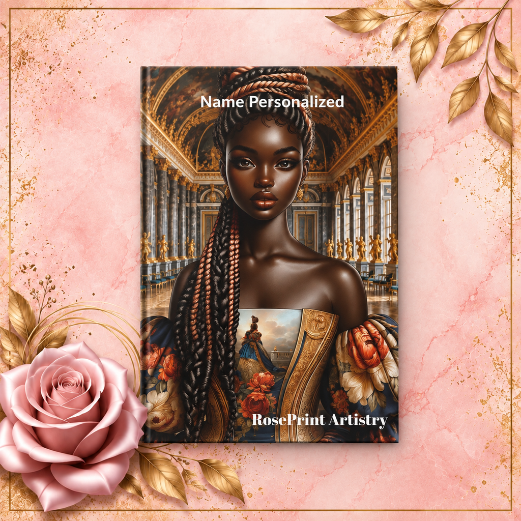 Personalized Black Woman Hardcover Journal | Noir Versailles Glow | Custom Name Lined Notebook, Elegant Gift for Her