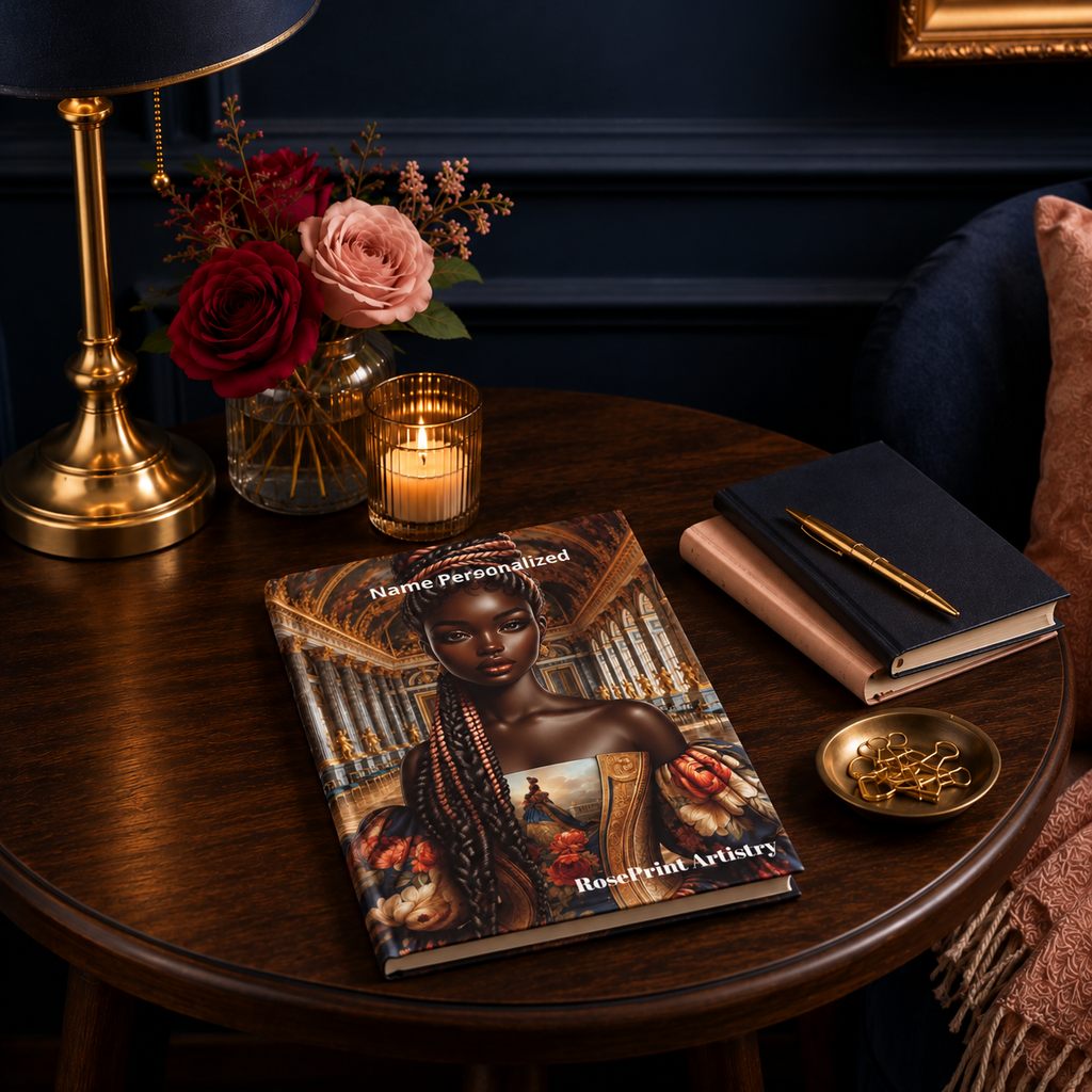 Personalized Black Woman Hardcover Journal | Noir Versailles Glow | Custom Name Lined Notebook, Elegant Gift for Her