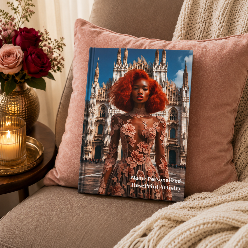 Personalized Black Woman Hardcover Journal | Noir - Rosso Milano I | Custom Name Lined Notebook, Elegant Gift for Her