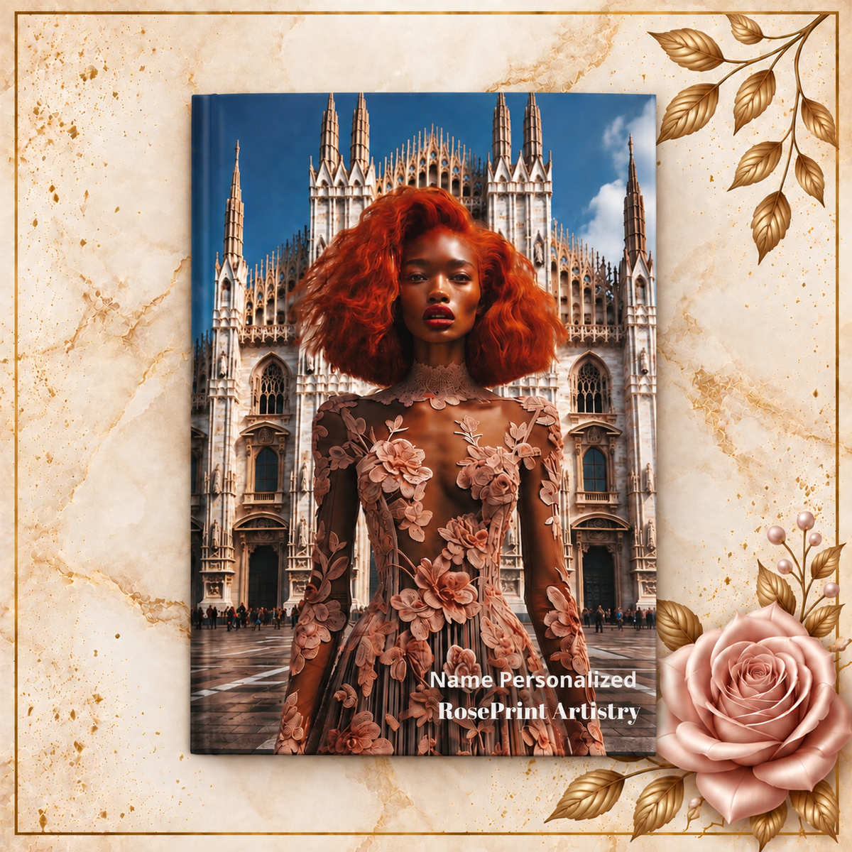Personalized Black Woman Hardcover Journal | Noir - Rosso Milano I | Custom Name Lined Notebook, Elegant Gift for Her