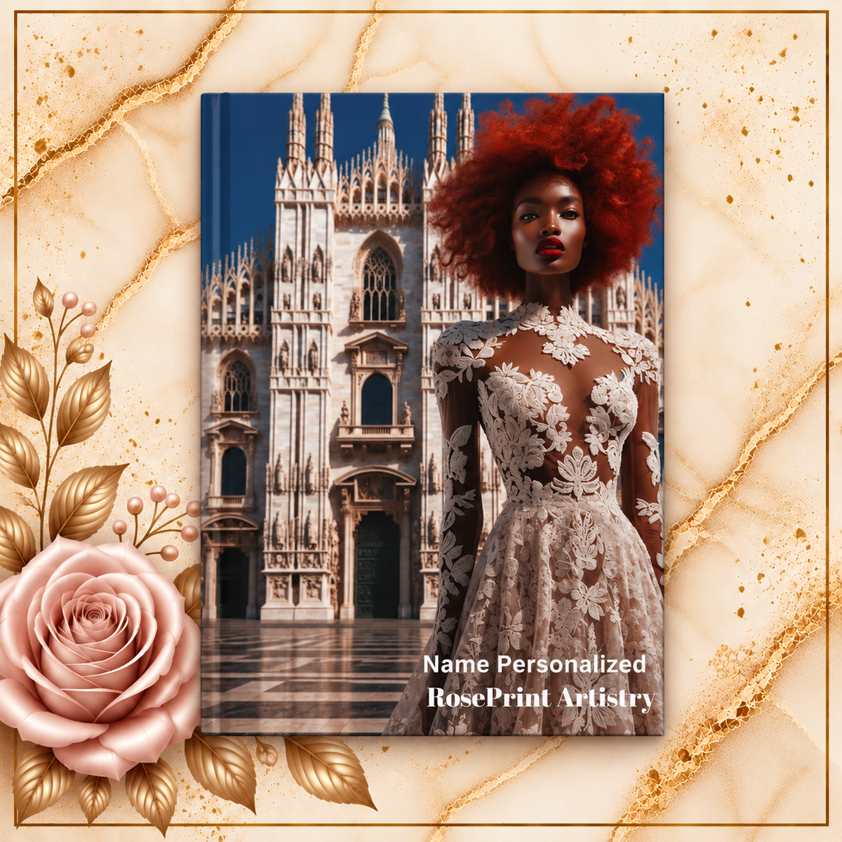 Personalized Black Woman Hardcover Journal | Noir - Rosso Milano II | Custom Name Lined Notebook, Elegant Gift for Her