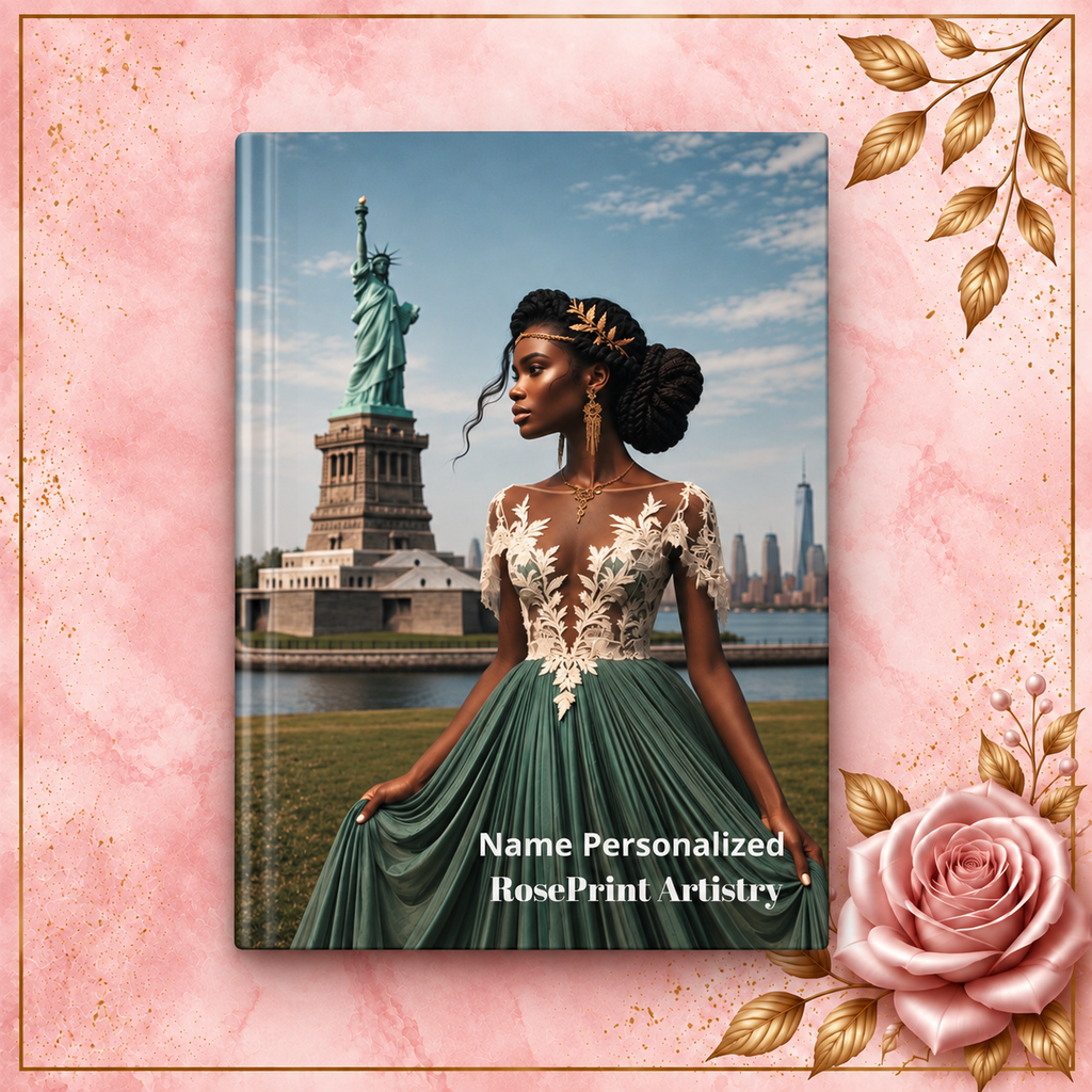 Personalized Black Woman Hardcover Journal | Noir Liberty III | Custom Name Lined Notebook, Elegant Gift for Her