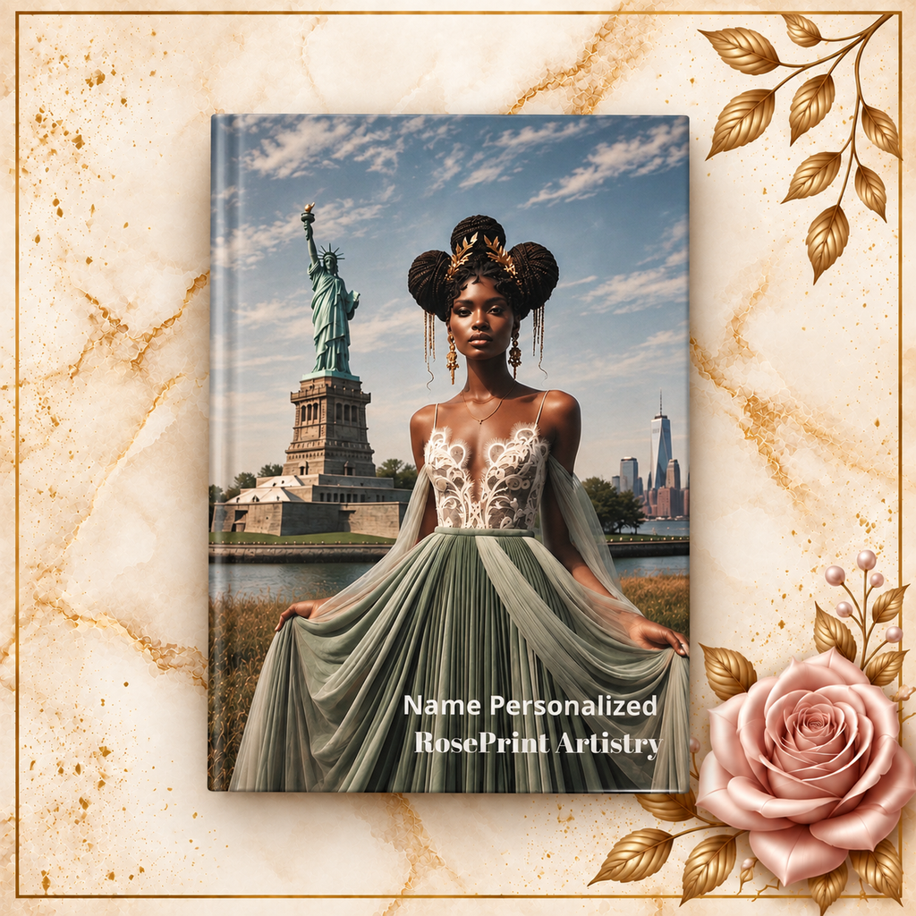 Personalized Black Woman Hardcover Journal | Noir Liberty IV | Custom Name Lined Notebook, Elegant Gift for Her