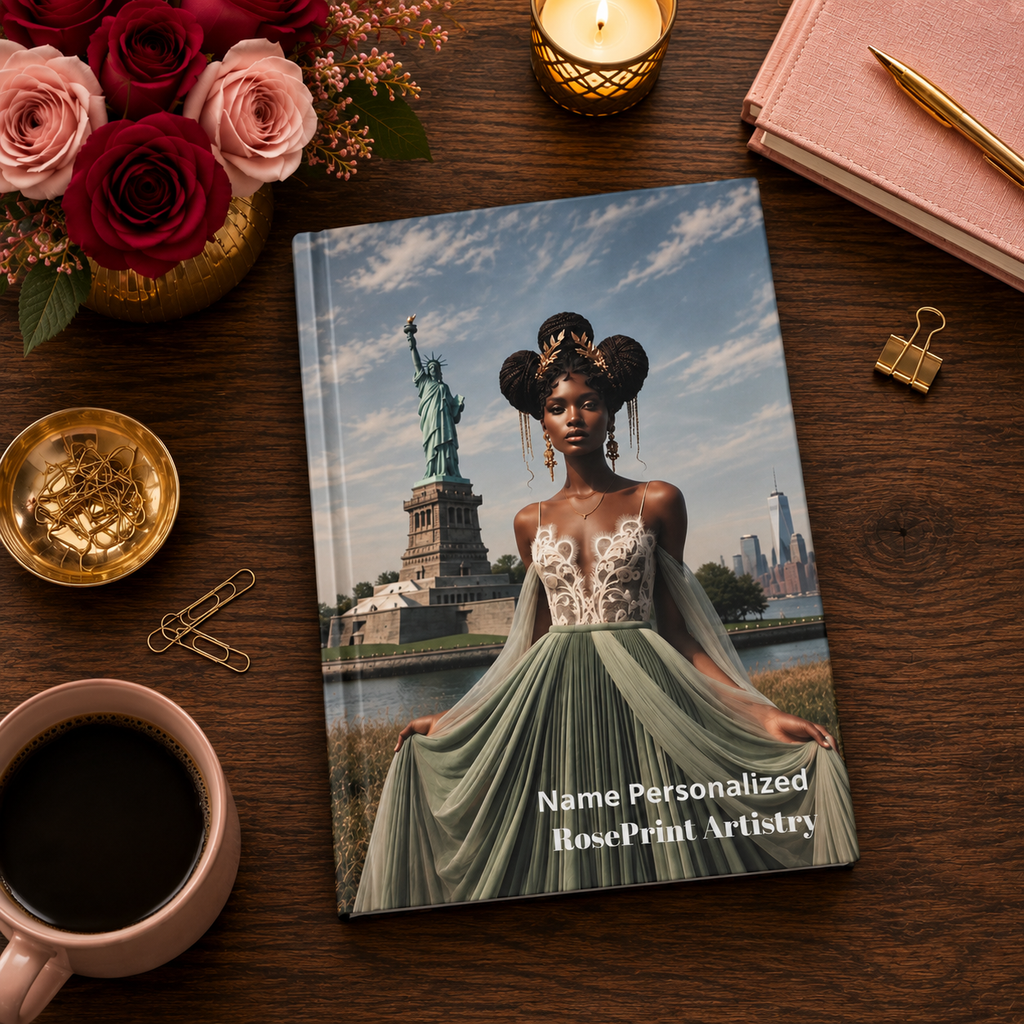 Personalized Black Woman Hardcover Journal | Noir Liberty IV | Custom Name Lined Notebook, Elegant Gift for Her