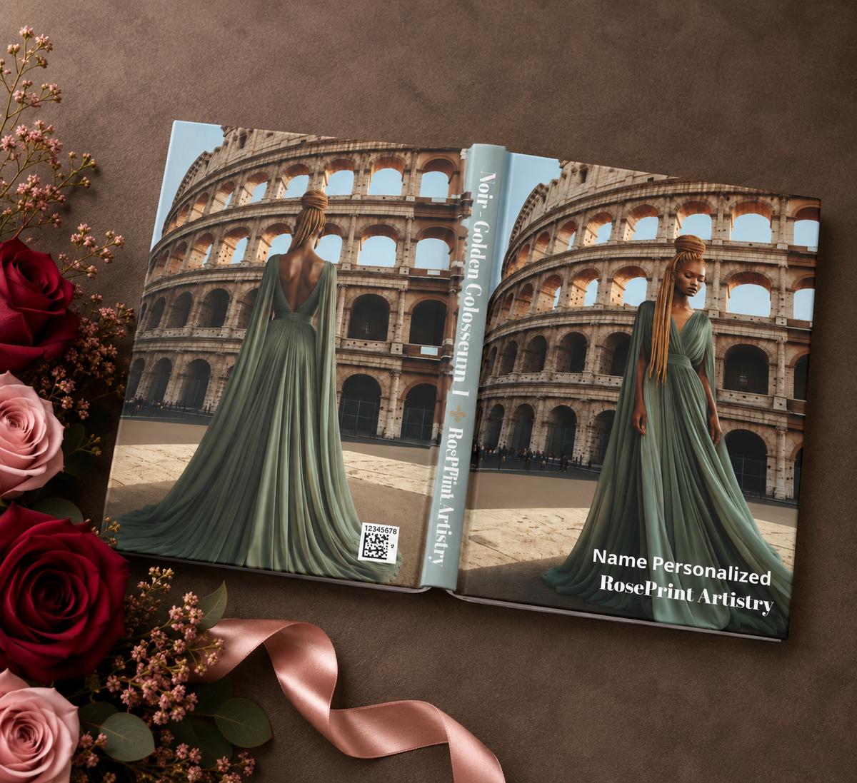 Black Woman Hardcover Journal | Noir - Golden Colosseum I | Custom Name Lined Notebook, Elegant Gift for Her
